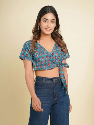 Goodhand Casual Floral Print Women Blue Top