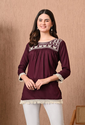 KAAHEERA Casual Solid Women Brown Top
