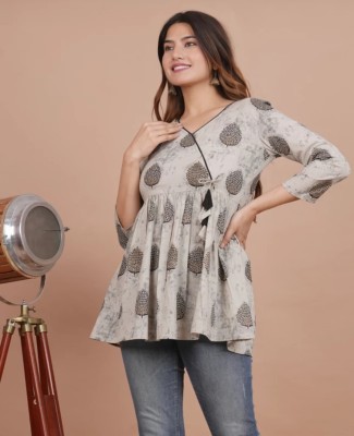 Renqiran Casual Printed Women Grey, Black, White Top