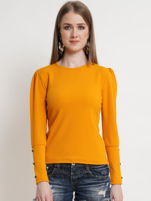 POPWINGS Casual Solid Women Yellow Top