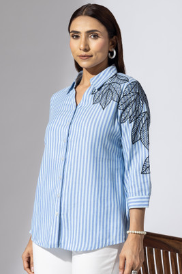 mustard Casual Striped Women Blue Top