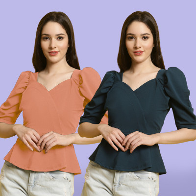 Fabflee Casual Solid Women Dark Green, Orange Top