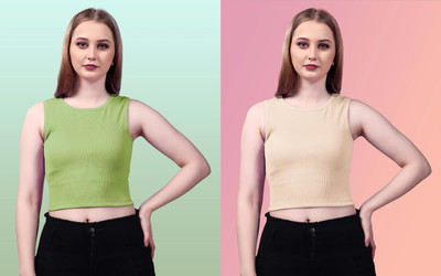 LILASTEX Casual Solid Women Green, Beige Top