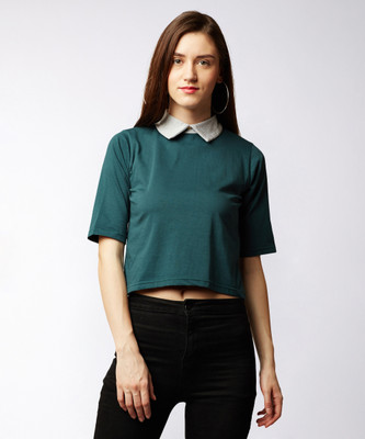 Miss Chase Casual Half Sleeve Solid Women Green Top
