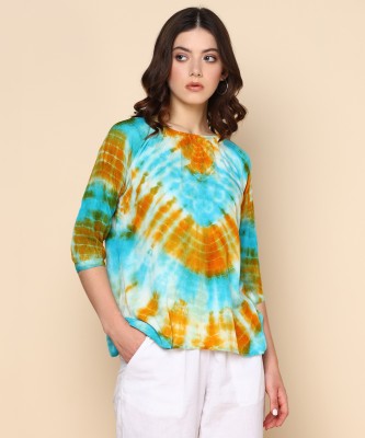 maaesa Casual Tie & Dye Women Light Blue, Yellow, White Top