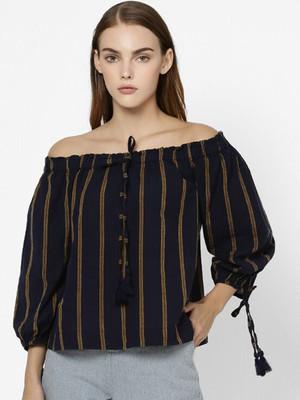 VERO MODA Casual Striped Women Dark Blue, Beige, Light Green Top