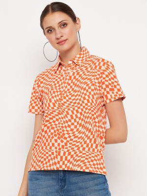 MADAME Casual Checkered Women Orange Top