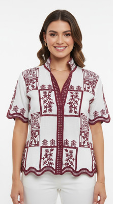 Sai Shristy Trends Casual Solid Women White, Maroon Top