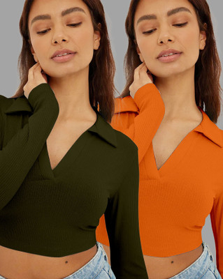 AUSK Casual Self Design Women Dark Green, Orange Top