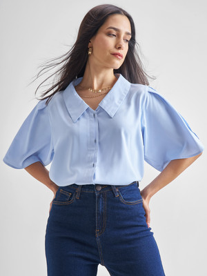 Tokyo Talkies Casual Solid Women Blue Top