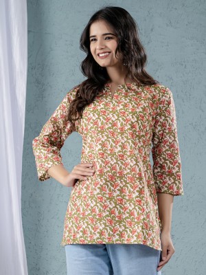 QuaClo Women Floral Print Straight Kurta(Beige)