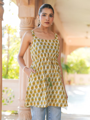 Janasya Casual Floral Print Women Beige Top