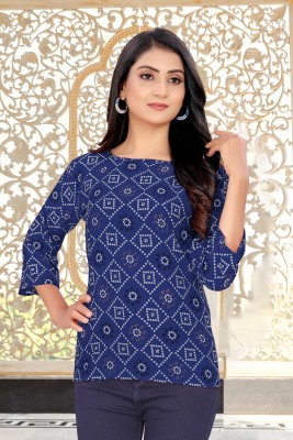 dharmanandan creation Casual Printed Women Dark Blue Top