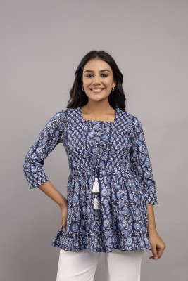 ethnic curry Casual Floral Print Women Blue Top