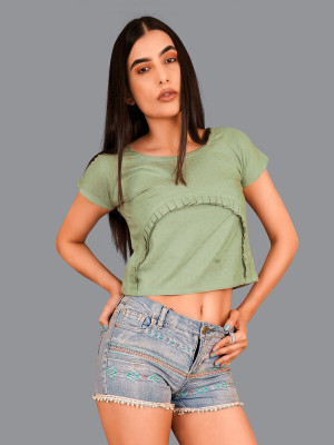 french crown Casual Solid Women Green Top