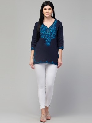 NavByNaya Casual Embroidered Women Dark Blue, Blue Top