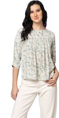 Leriya Fashion Casual Printed Women Light Green, White Top