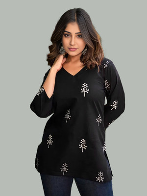 Kashonaa Women Printed Straight Kurta(Black)