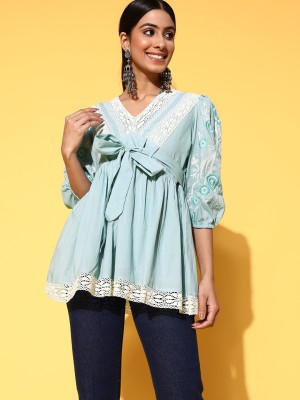 Ishin Casual Embroidered Women Blue Top