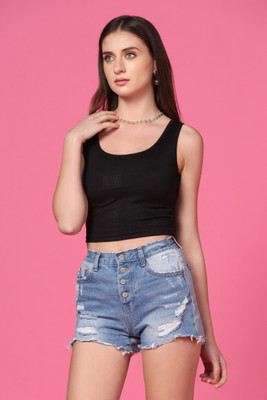 RJRD Casual Solid Women Black Top