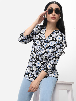 R&B Casual Printed Women Black, Blue, White Top