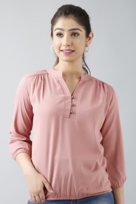 Fab Star Casual 3/4 Sleeve Solid Women Pink Top