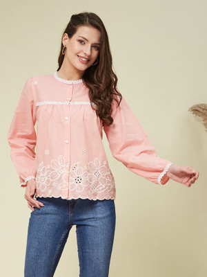 J TURRITOPSIS Casual Embroidered Women Pink Top