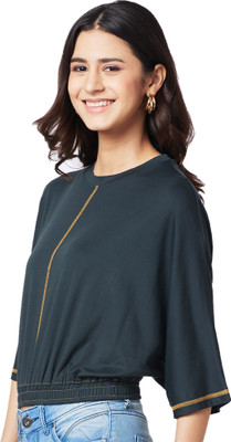 IZEL Casual Solid Women Dark Green Top
