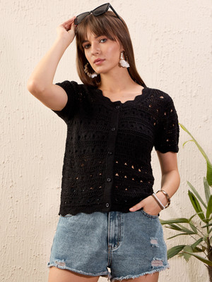 SASSAFRAS Casual Self Design Women Black Top
