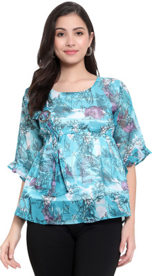 Moda Rapido Casual Printed Women Light Blue Top