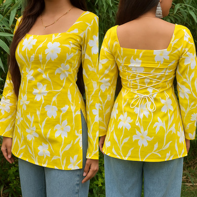 RARE THREAD Casual Floral Print, Printed Women Yellow Top