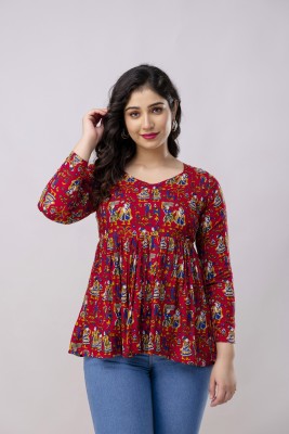 KSHARAA Casual Printed Women Maroon, Red Top