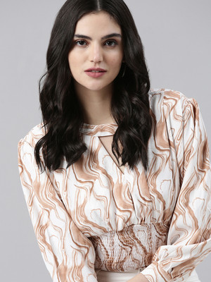 SHOWOFFFF Casual Printed Women Brown, White Top