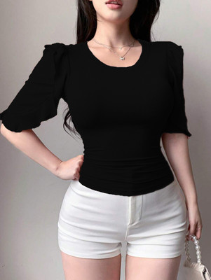 veshh Party Self Design Women Black Top