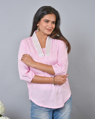 taniya faishan Casual Embroidered Women Pink Top