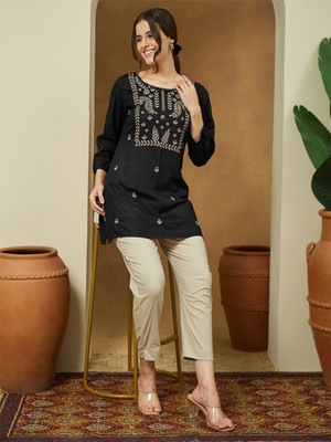 Janasya Casual Embroidered Women Black Top
