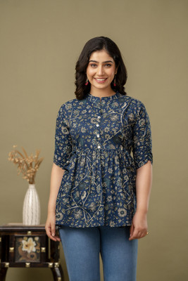GULJIFASHION Casual Printed Women Blue Top