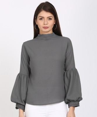 Style Quotient Casual Bishop Sleeve Solid Women Grey Top