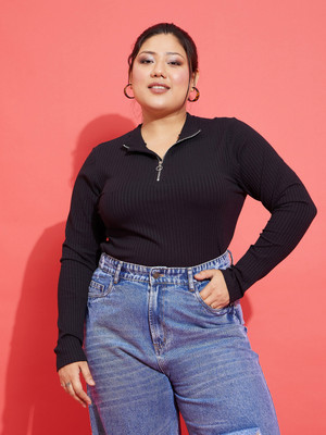SASSAFRAS Curve Casual Self Design Women Black Top