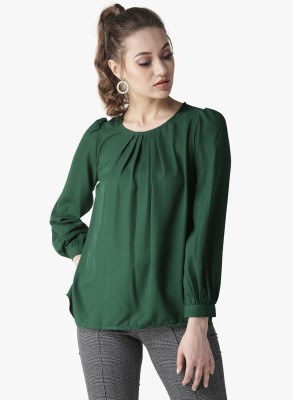 La Zoire Casual Cuffed Sleeve Solid Women Green Top