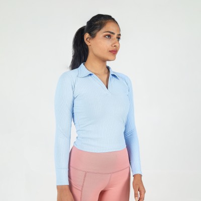 PYR8 Casual Self Design Women Light Blue Top