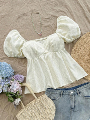 GUSAIJI FASHION Casual Self Design Women Beige Top