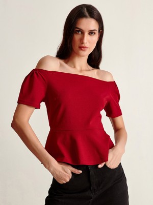 Cover Story Casual Solid Women Maroon Top