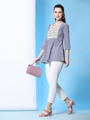 Glomee Casual Embroidered Women Grey Top