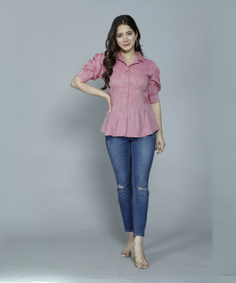 THAWAR JI Casual Solid Women Pink Top