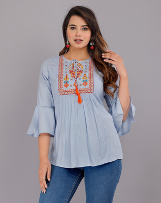 Chhinpa Casual Embroidered Women Light Blue Top