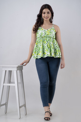Look Wise Casual Floral Print Women Green Top