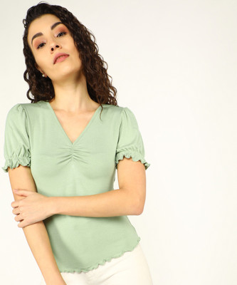 Tokyo Talkies Casual Solid Women Green Top