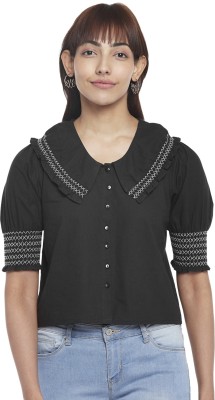 PEOPLE Casual Solid, Embroidered Women Black, White Top