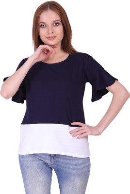 Styvibe Casual Color Block, Solid Women White Top